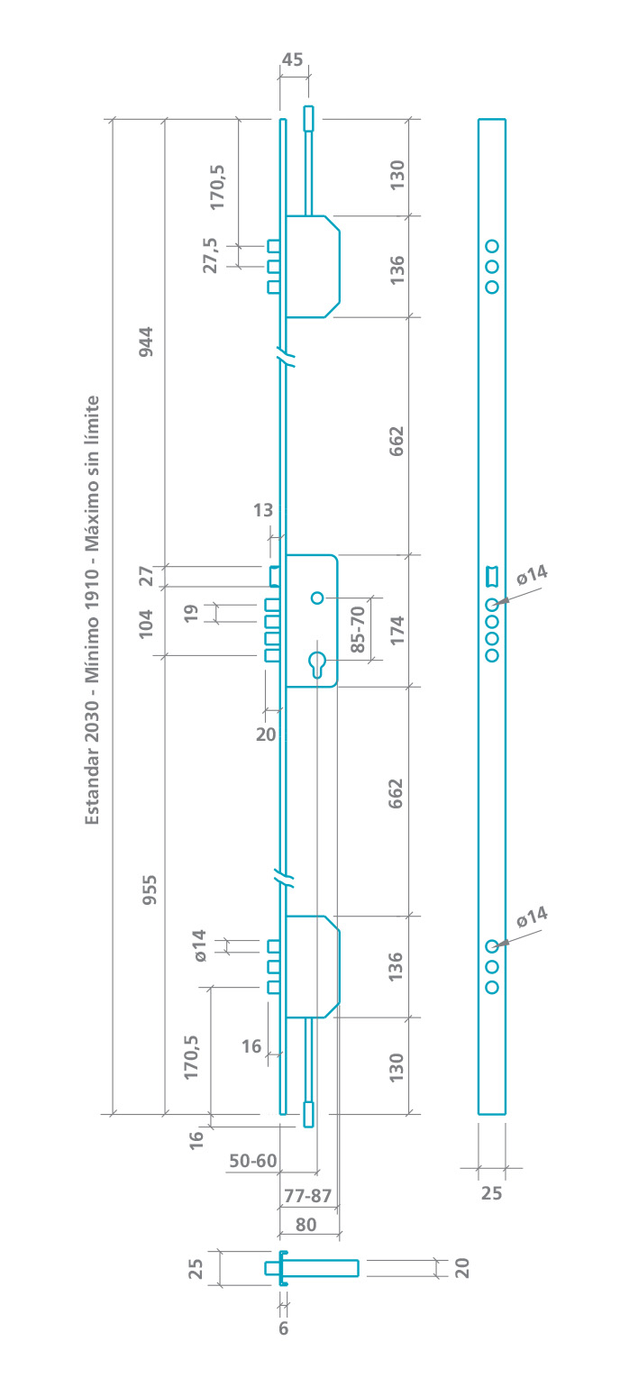 CERRADURA SEGURIDAD EMBUTIR 3 PUNTOS 2000B-3/50-DS15/70D LARGO 45 CROMO MATE 1844258 3