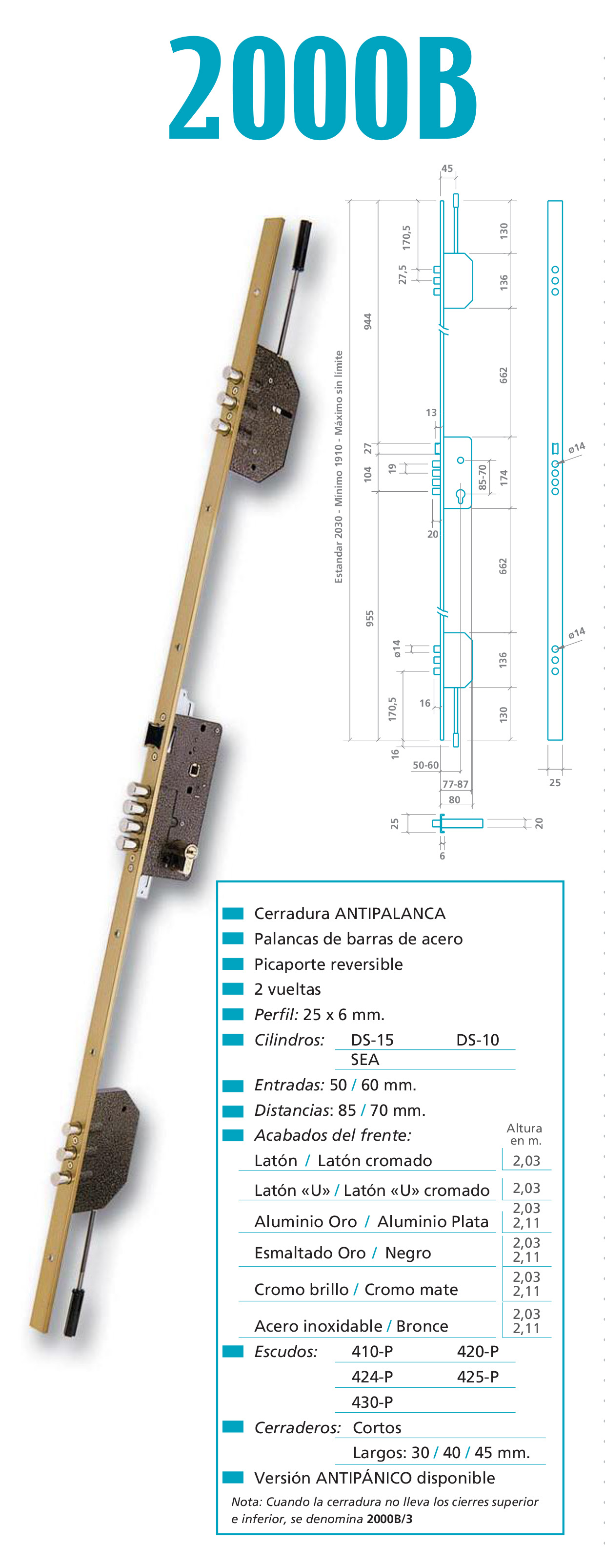 CERRADURA SEGURIDAD EMBUTIR 3 PUNTOS 2000B-3/50-DS15/70D CORTO ESMALTADO ORO 1843745 3