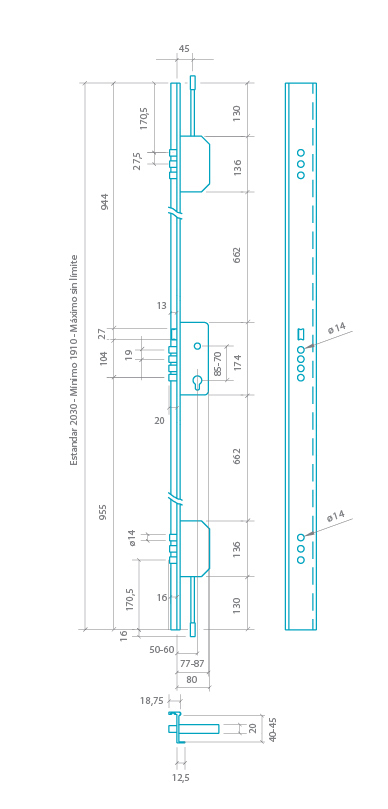 CERRADURA SEGURIDAD EMBUTIR 3 PUNTOS (CONJUNTO) 2000B-3Z/50-DS15/70C-D LARGO 45 ALUM. CROMO MATE 1660392 3