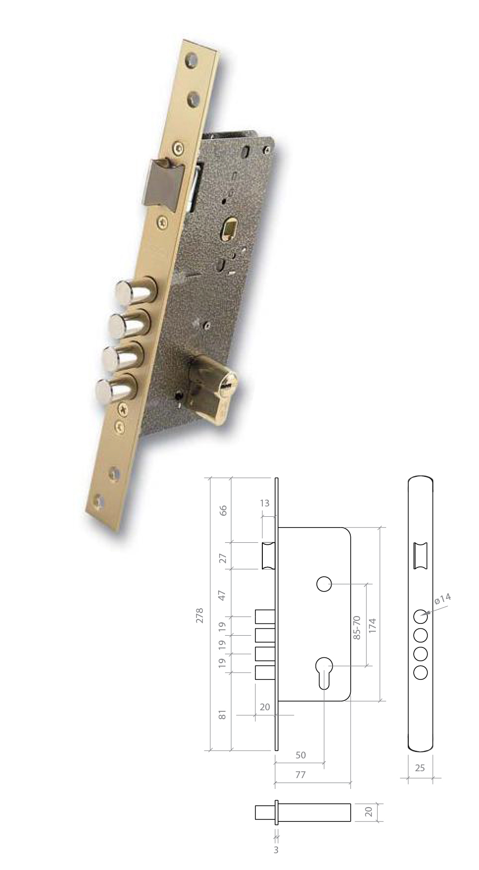CERRADURA SEGURIDAD EMBUTIR 700B/50 DS15/70D CANTO REDONDO CROMO MATE 1048712 2
