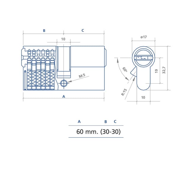 CILINDRO SEGURIDAD DS15 LEVA LARGA 30-30 MM, LATON, 5 LLAVES 1001261 2