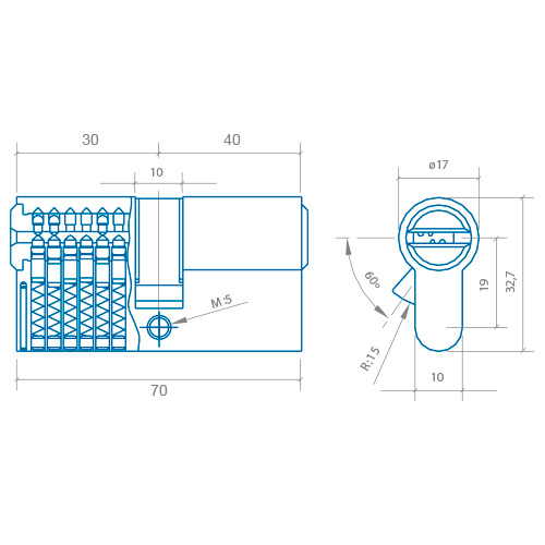 CILINDRO SEGURIDAD DS15 LEVA LARGA 30-40 MM, CROMO MATE, 5 LLAVES 1003271 2